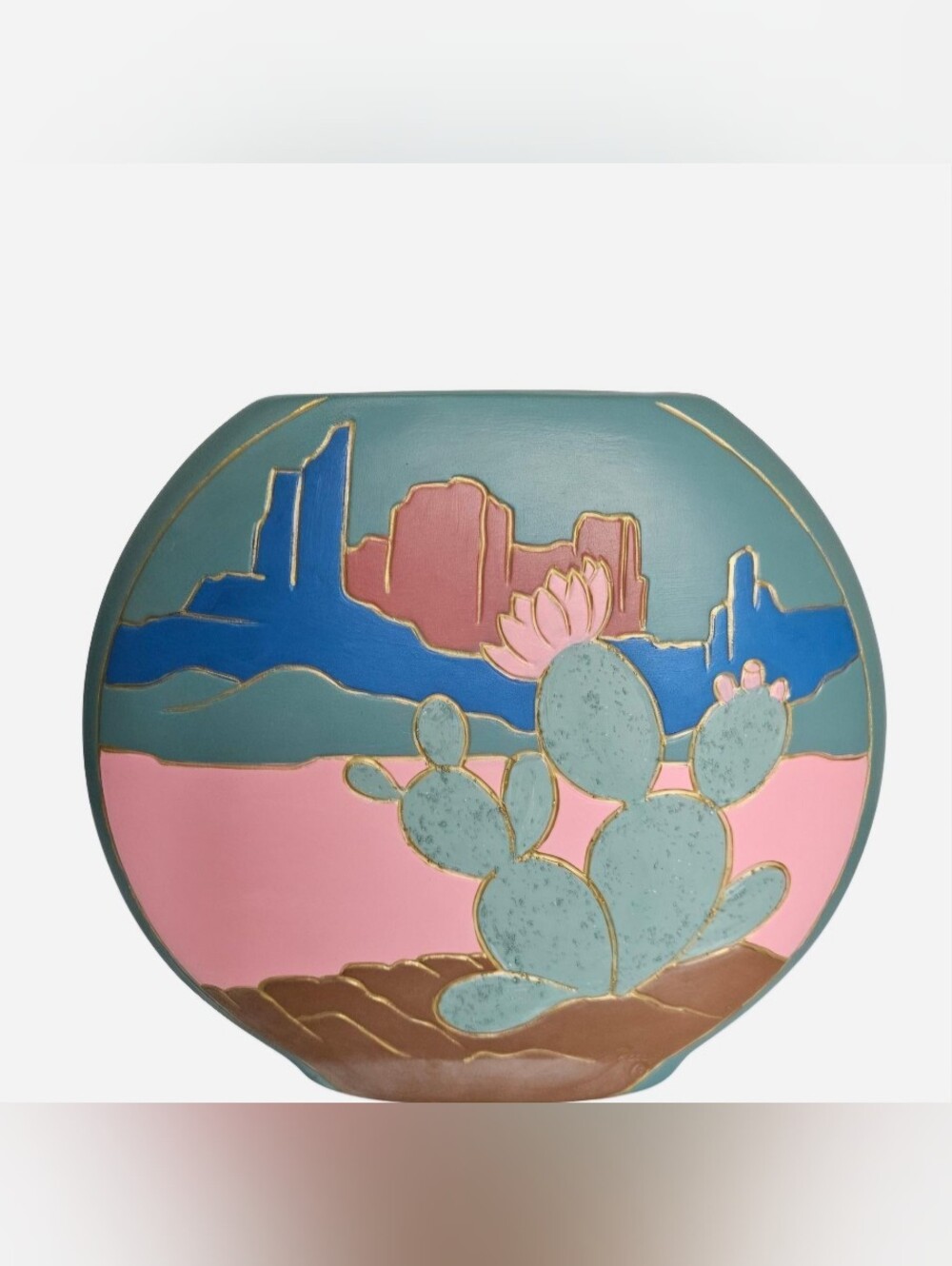 Handmade ceramic vase cactus & desert landscape design pink, blue, teal, gold